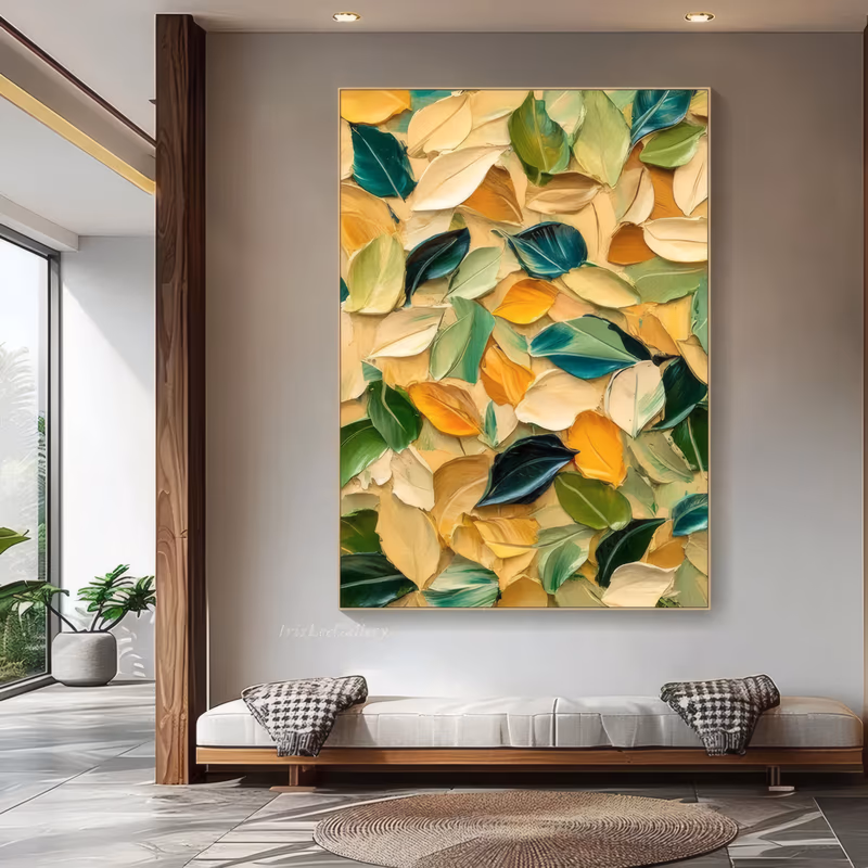 a large vertical textured painting of overlapping leaves filling the whole canvas, cream, golden yellow, apple green and dark teal blades layered in thick palette-knife impasto
