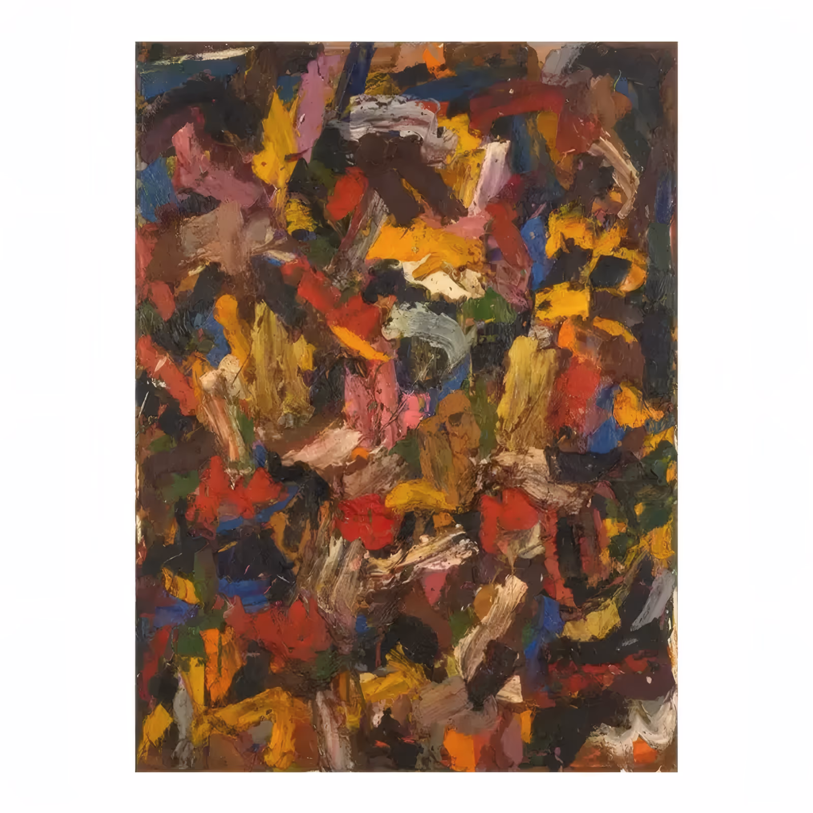 a large vertical abstract painting of dense crowded brushstrokes in red, mustard yellow, brown, blue and pink, packed corner to corner with no ground showing, in heavy oil impasto