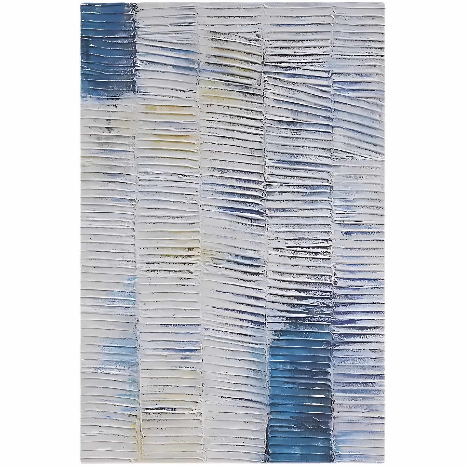 a large vertical plaster relief painting of five columns of combed horizontal ridges in chalky white, washed with teal blue at the top left and lower right and pale yellow between, in sculpted texture