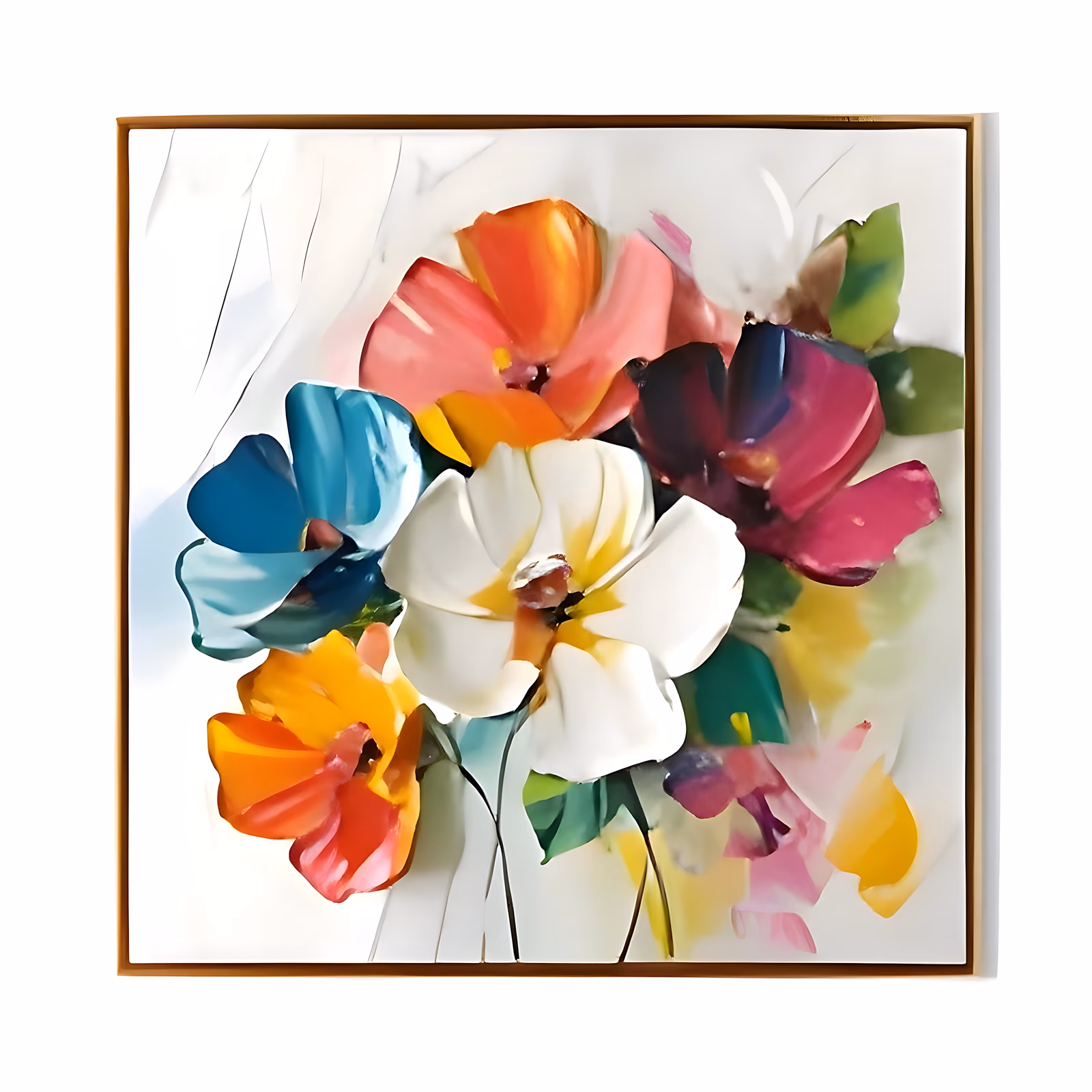 a large square floral painting of five wide open poppy-like blooms, coral and orange at top, teal blue at left, deep magenta at right and a big white and yellow flower at center, on white in sculpted relief paint