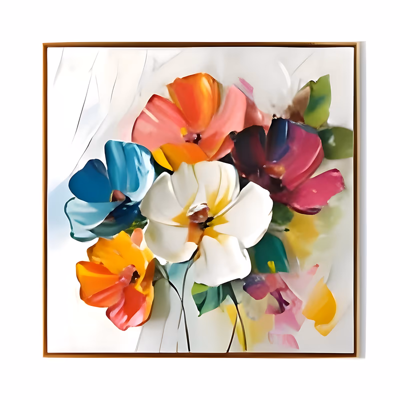 a large square floral painting of five wide open poppy-like blooms, coral and orange at top, teal blue at left, deep magenta at right and a big white and yellow flower at center, on white in sculpted relief paint