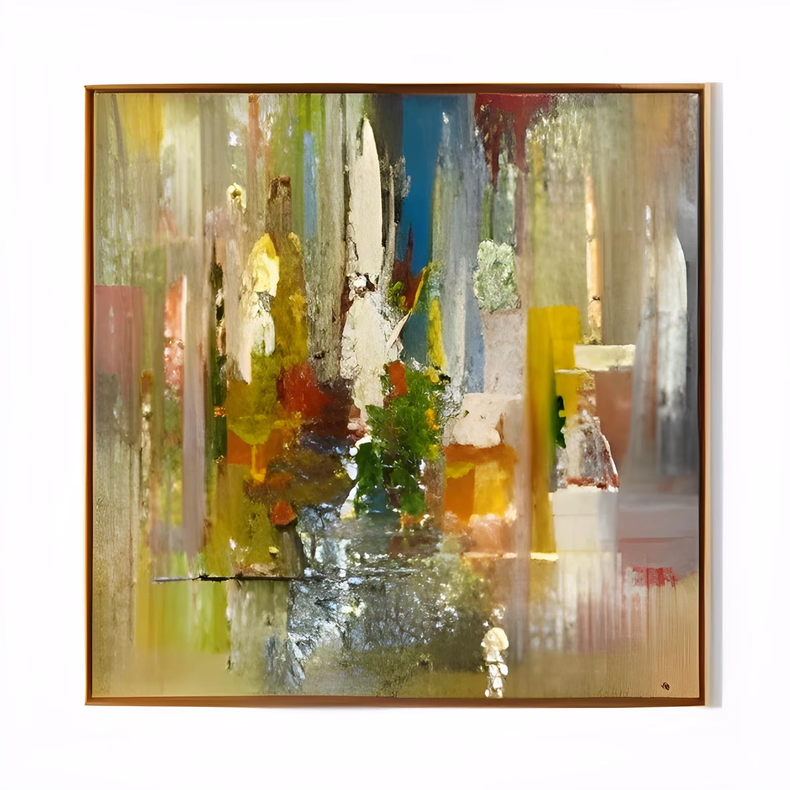 a large square abstract painting of vertical streaks and blocks in olive green, mustard yellow, orange and cream with red and blue accents, suggesting foliage and rooftops, in thick impasto