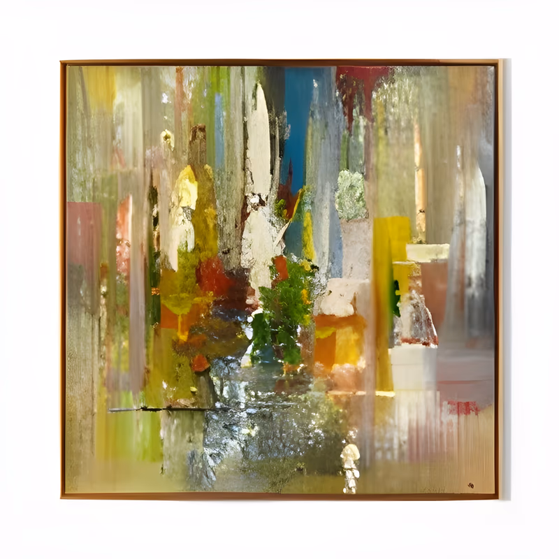 a large square abstract painting of vertical streaks and blocks in olive green, mustard yellow, orange and cream with red and blue accents, suggesting foliage and rooftops, in thick impasto