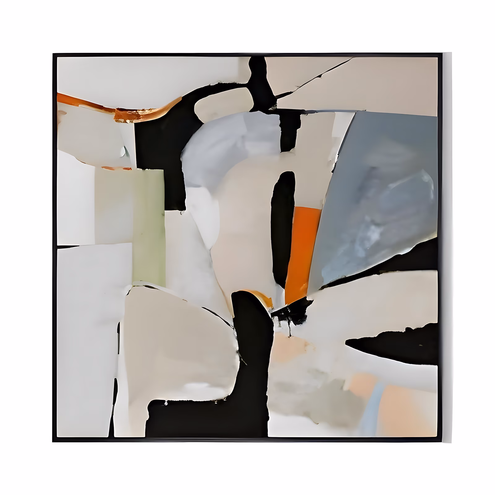 a large square abstract painting of cut paper style shapes in cream, beige, white and gray blue, split by broad black bands, with one bright orange wedge near the center, in smooth flat acrylic