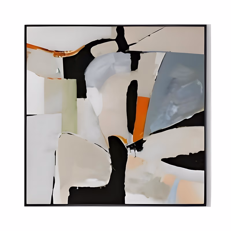 a large square abstract painting of cut paper style shapes in cream, beige, white and gray blue, split by broad black bands, with one bright orange wedge near the center, in smooth flat acrylic
