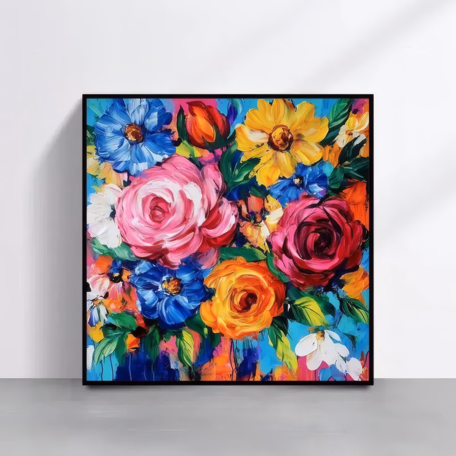 a large square floral painting of a dense bouquet, a pale pink rose at left, a deep red rose and orange rose beside it, blue anemones, white daisies and a yellow sunflower over turquoise, in thick palette-knife oil