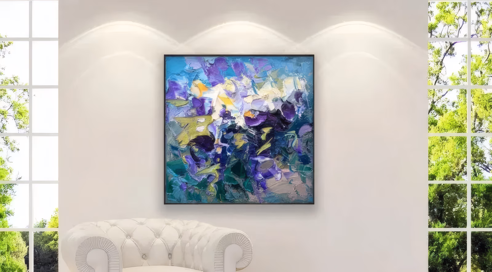 a large square palette-knife painting of loose purple, cream and white iris-like blooms massed at the center over turquoise and deep green, built in thick ridged strokes of heavy impasto acrylic