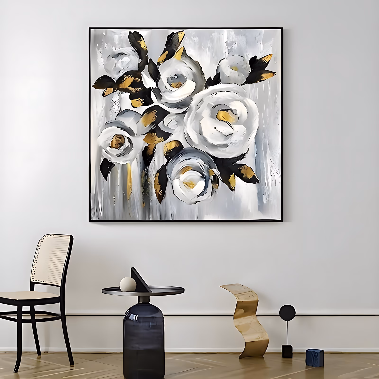 a square textured painting of six white roses with black and gold painted leaves clustered at the center, over a grey and white ground of vertical drips, in thick palette-knife oil