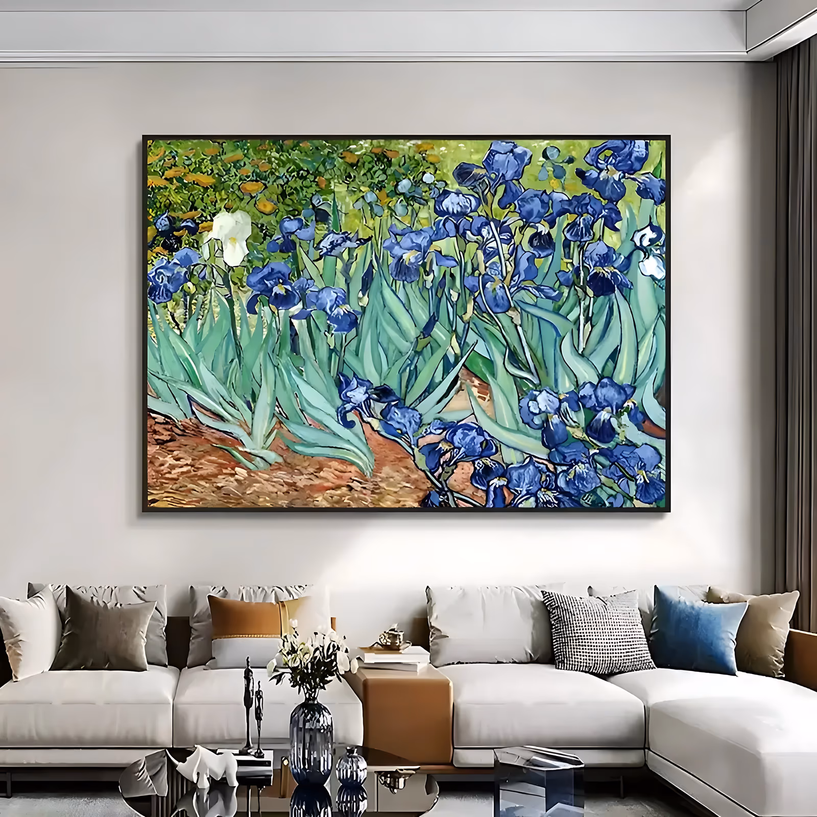a wide horizontal impressionist painting of a dense bed of deep blue irises with two white blooms, their curving green sword-shaped leaves rising from orange-brown soil below a band of green foliage, in thick oil