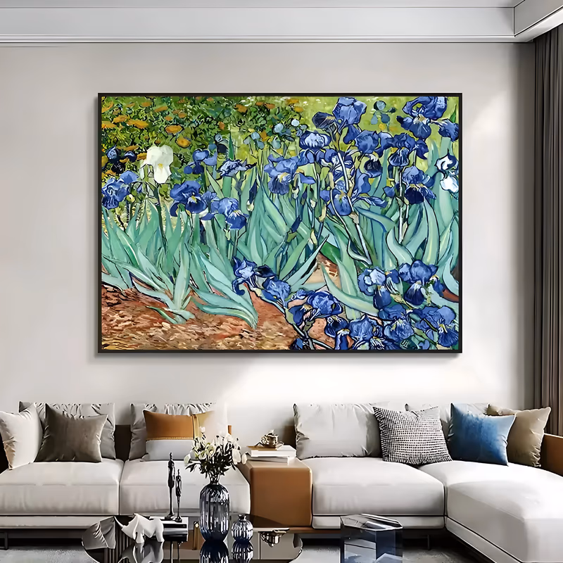 a wide horizontal impressionist painting of a dense bed of deep blue irises with two white blooms, their curving green sword-shaped leaves rising from orange-brown soil below a band of green foliage, in thick oil