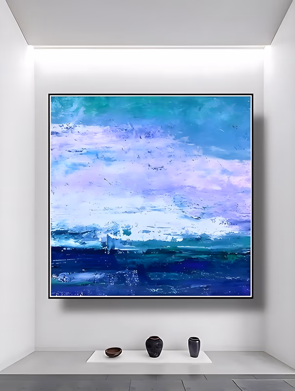 a large square impressionist seascape canvas of a pale lavender and white cloud band over a deep navy and cobalt sea beneath a teal sky, with white surf breaking at the horizon, in thick textured paint
