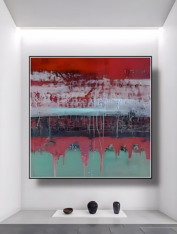a large square abstract painting of horizontal bands of scarlet, crimson and scraped white with a dark brown seam through the middle, where red paint runs down in long drips into a pale mint green base