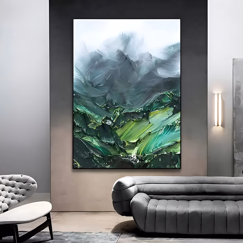 a large vertical impressionist painting of gray mist-softened mountain peaks above hills of bright emerald and lime, the paint laid on in wide sweeping ridges, in very heavy palette-knife impasto