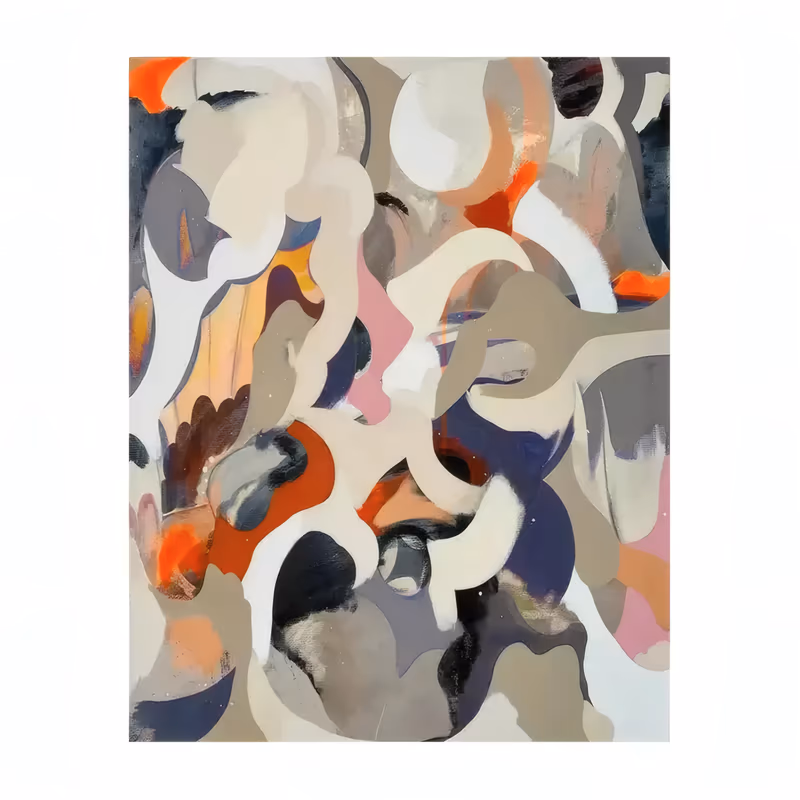 a large vertical abstract painting of layered curling organic shapes in cream, taupe, navy, gray and dusty pink, with bright orange accents scattered through the interlocking forms, in flat hand-painted acrylic