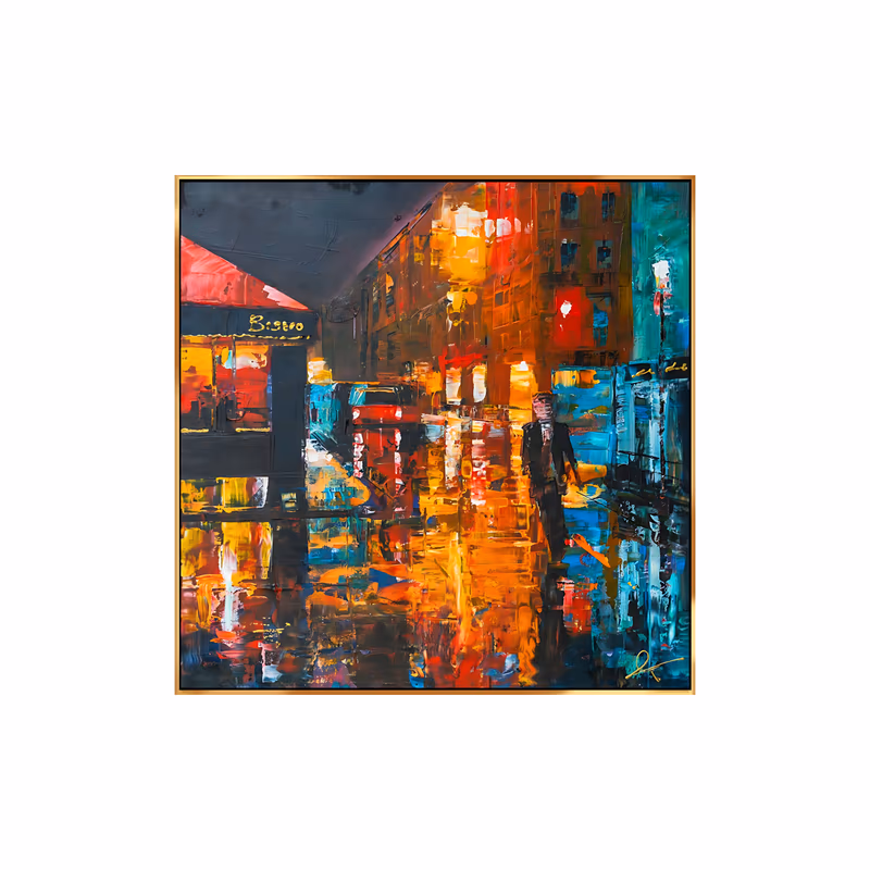 a square impressionist painting of a lone dark figure walking a rain-slick street at night past a red bistro awning, with orange, red and teal window lights smeared into the wet pavement, in thick palette-knife oil