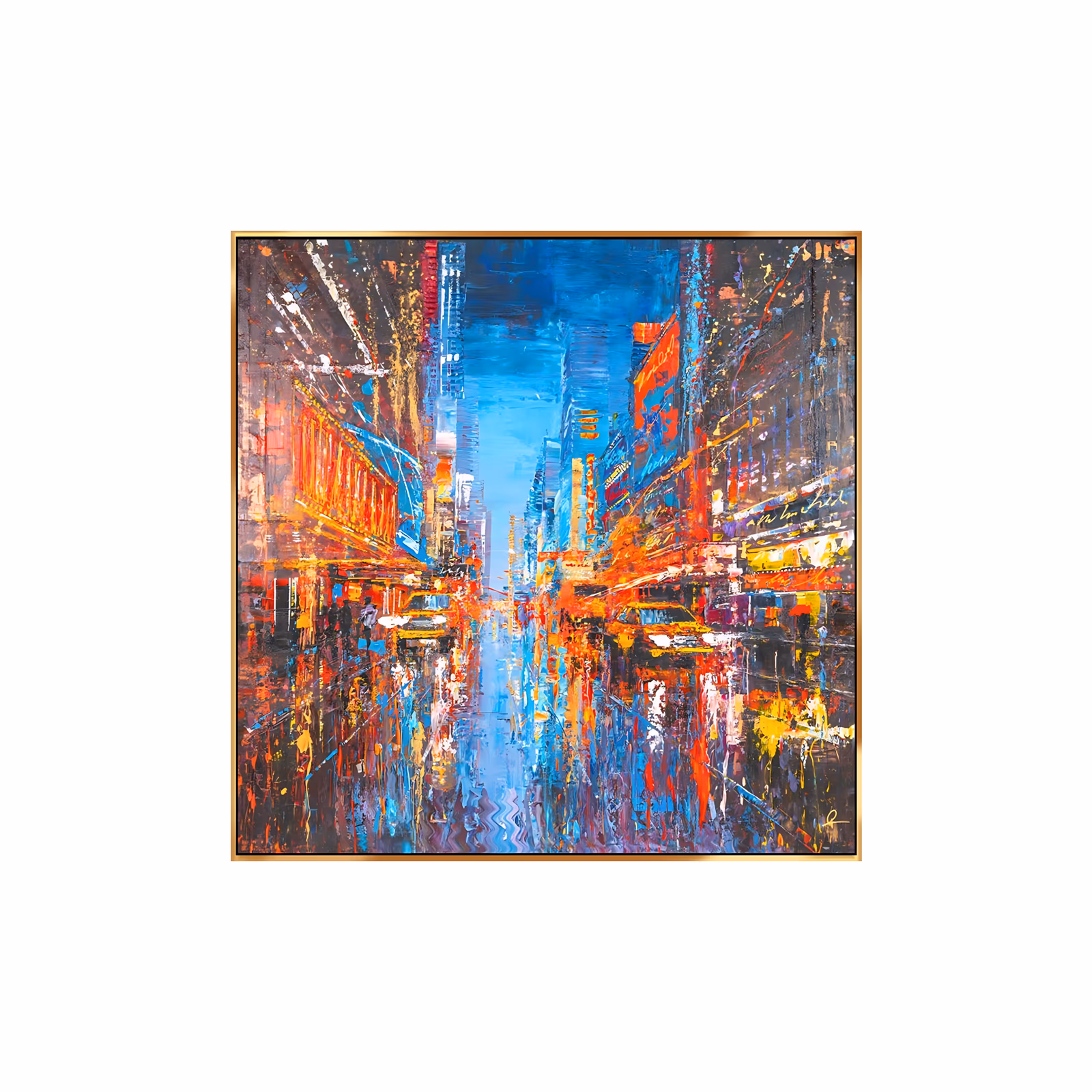 a large square impressionist painting of a neon-lit city avenue at night, taxis and crowds pulled down the wet street toward a blue slot of sky between dark buildings, in thick knife-worked acrylic