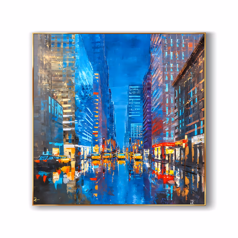 a large square impressionist painting of a rain-soaked New York avenue at night, with blue glass towers on both sides, yellow taxis in the middle and red and orange lights mirrored in the wet road, in thick oil
