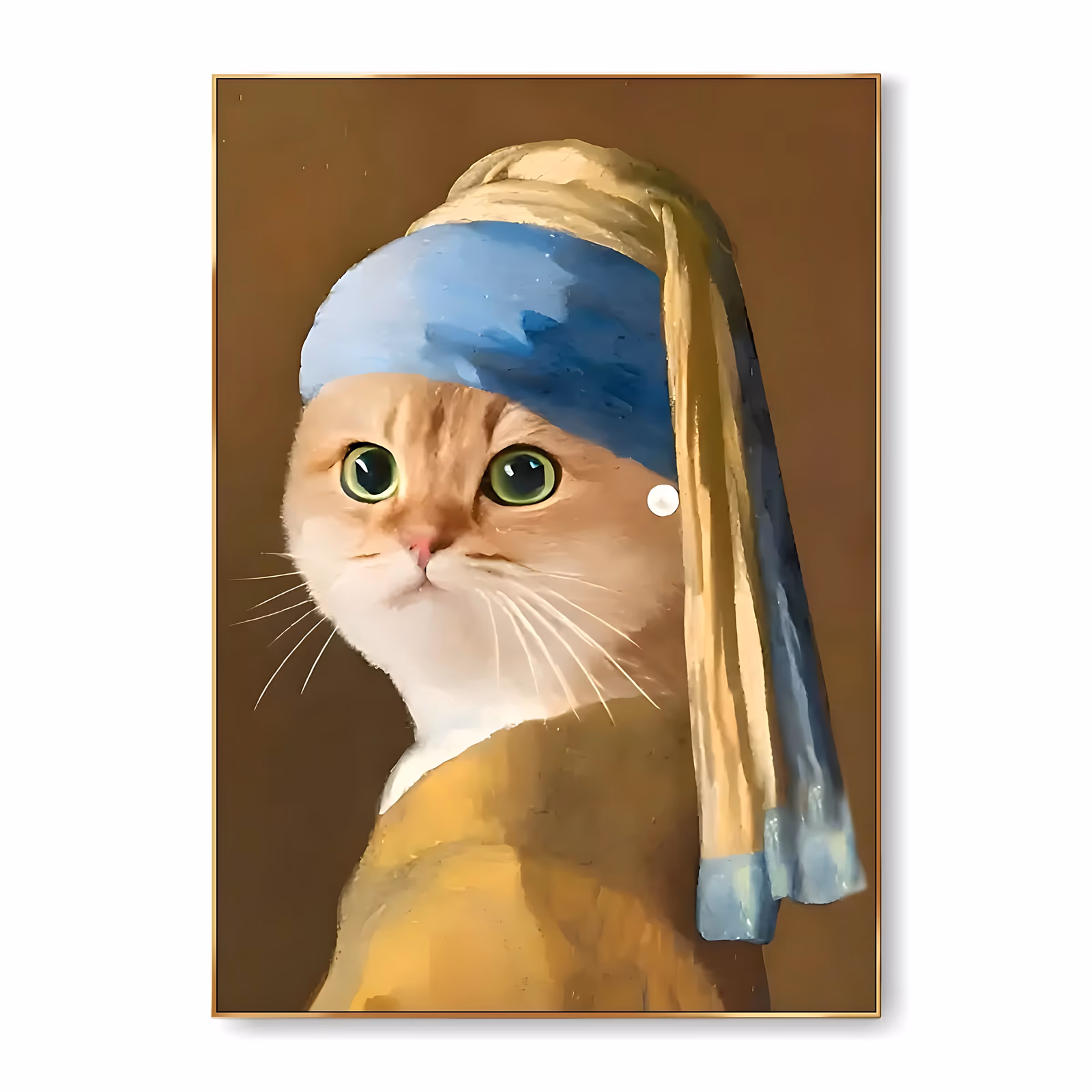 a large vertical oil painting of a ginger and cream cat in a blue and gold turban with a pearl earring, green eyes turned to the viewer, wearing an ochre robe on a warm brown background