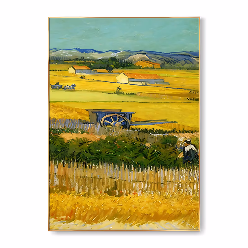 a large vertical post-impressionist painting of a yellow wheat harvest, a blue horse cart and stacked sheaves mid-frame, orange-roofed farmhouses and blue hills behind, under a turquoise sky, in thick oil