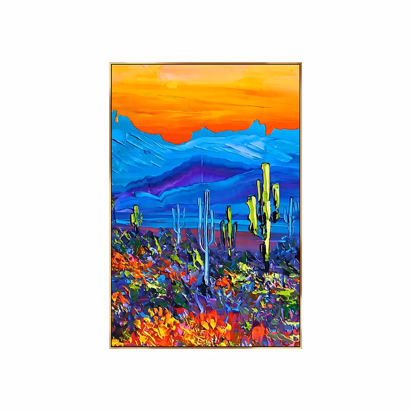 a large vertical painting of tall green saguaro cacti standing in a desert, blue ridged mountains behind them and a hot orange sunset sky above, with red and orange scrub below, in thick ridged oil