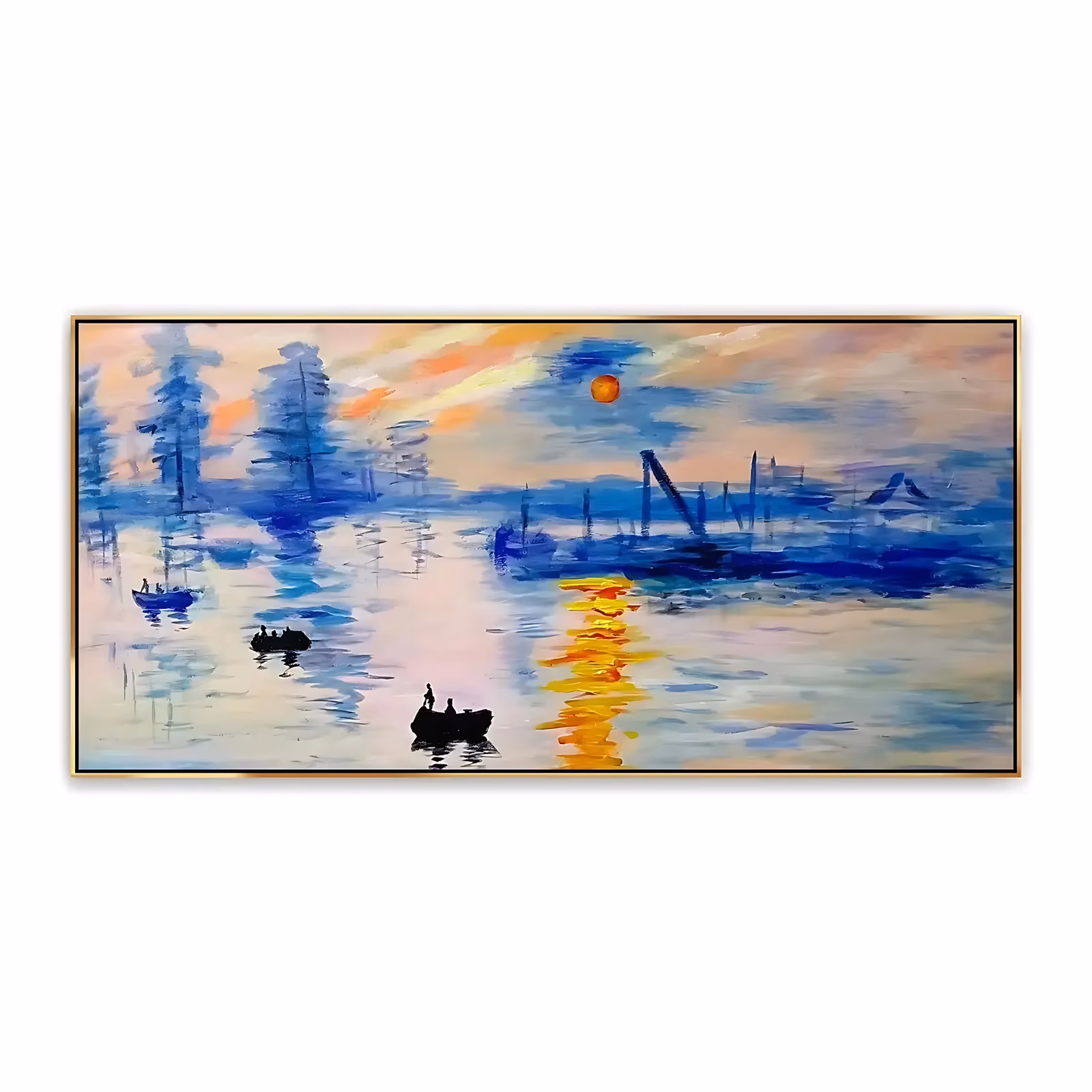 a wide panoramic impressionist painting of a misty harbor at sunrise, with two small black rowing boats in the foreground, a low orange sun and its gold reflection on pale blue water, in soft thin oil