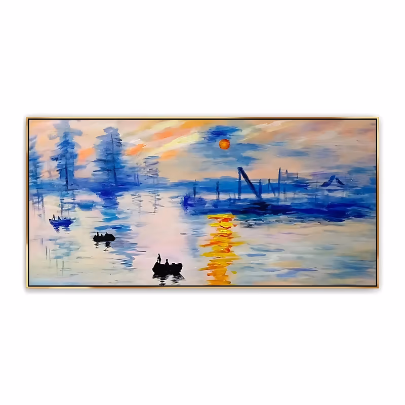 a wide panoramic impressionist painting of a misty harbor at sunrise, with two small black rowing boats in the foreground, a low orange sun and its gold reflection on pale blue water, in soft thin oil