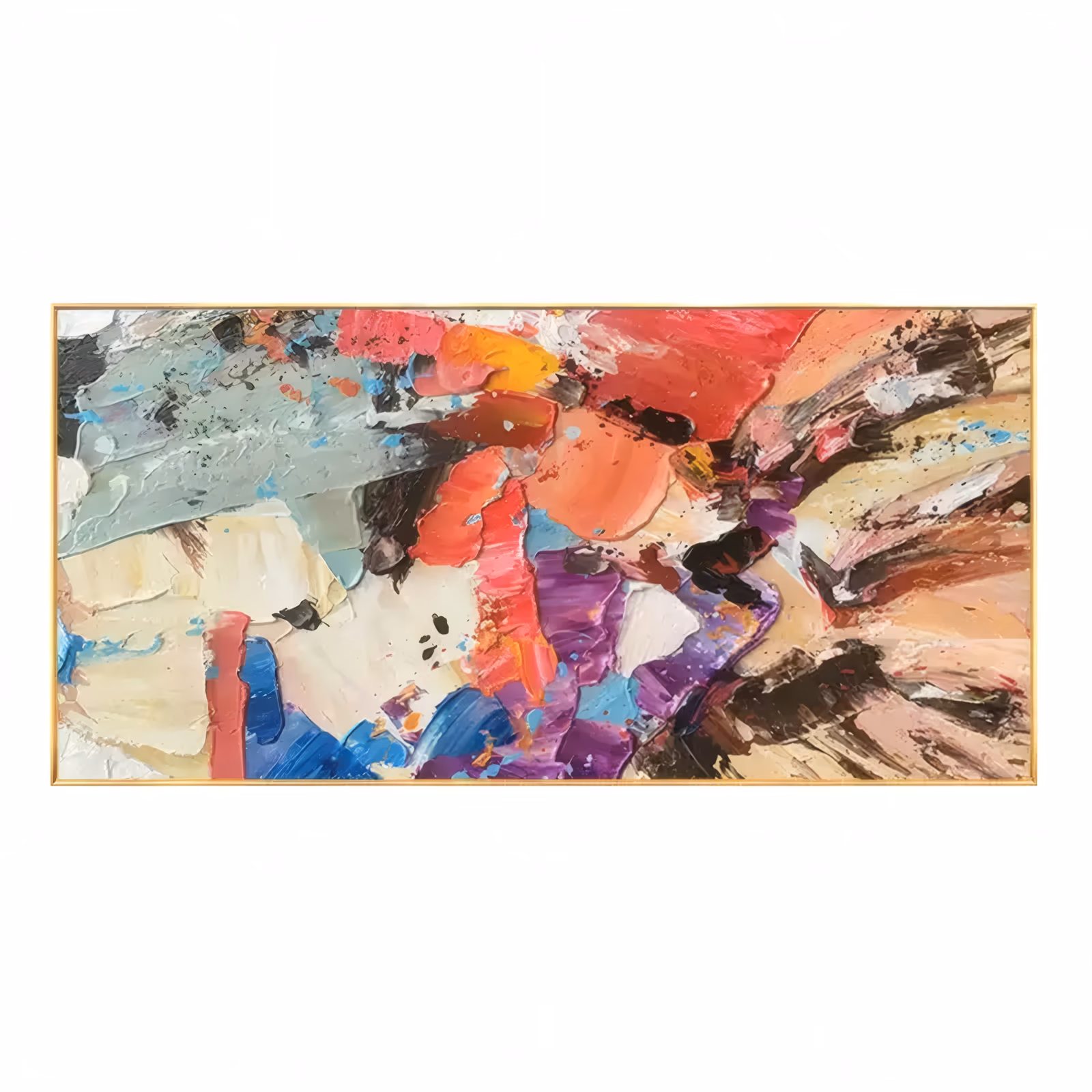 a large panoramic abstract painting of broad knife-cut slabs of red, coral, purple, cream and gray meeting at the middle, with black flecks and drips on the right side, in very thick knife-laid oil paint