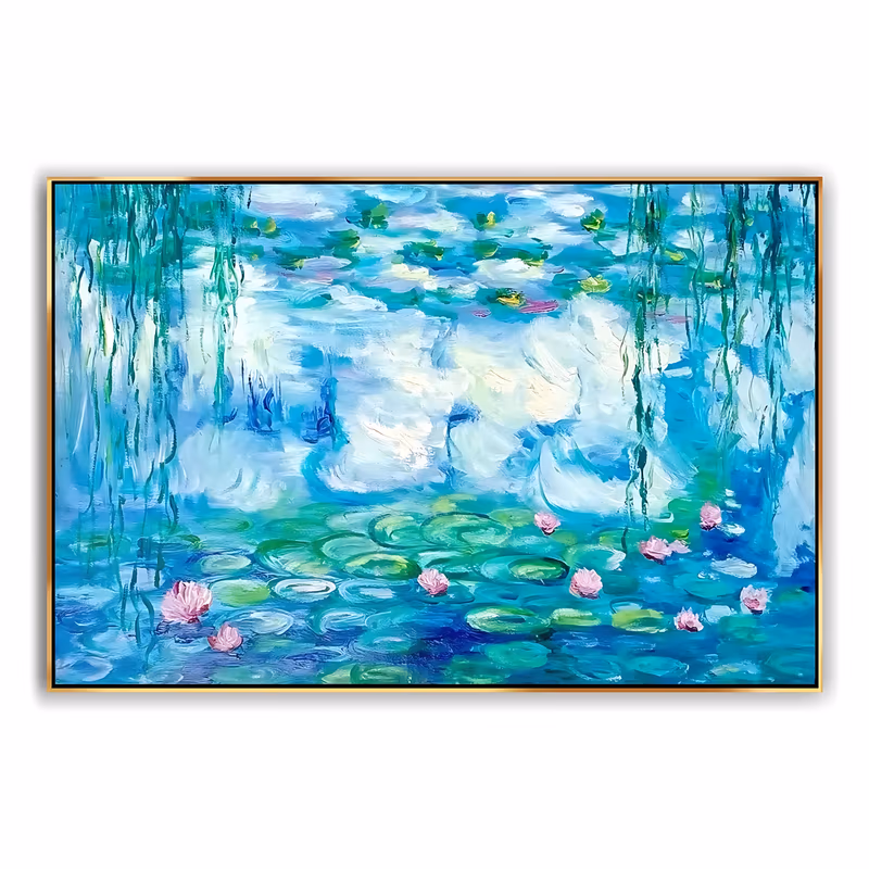 an oversized horizontal impressionist painting of a turquoise lily pond, willow strands hanging down both sides, green pads and small pink water lilies along the lower half, in thick acrylic
