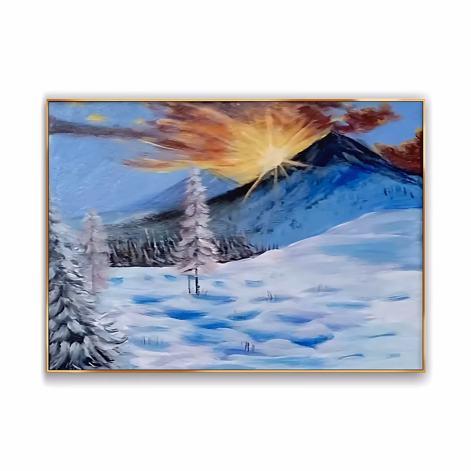 a large horizontal impressionist canvas of a winter mountain with an orange sunburst breaking behind the peak, snow-laden pines at the left and a blue-shadowed snowfield below, in soft hand-painted oil