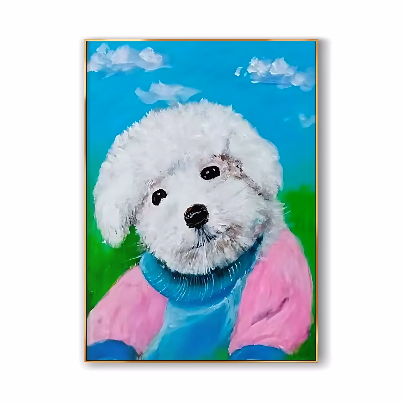 a large vertical naive painting of a fluffy white bichon puppy in a pink and blue turtleneck sweater, sitting on green grass and looking up at the viewer under a turquoise sky with white clouds, in soft acrylic