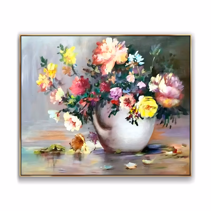 a horizontal impressionist still life of coral, pink and yellow blooms in a white ceramic vase with fallen petals and a leaf on the table, against a soft gray-green ground, in blended oil