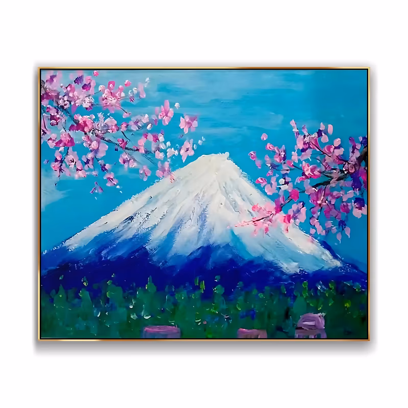 a large horizontal landscape painting of snow-capped mount fuji at center, a turquoise sky above and dark blue slopes over green forest, with pink cherry blossom branches framing both upper corners, in soft brushed oil