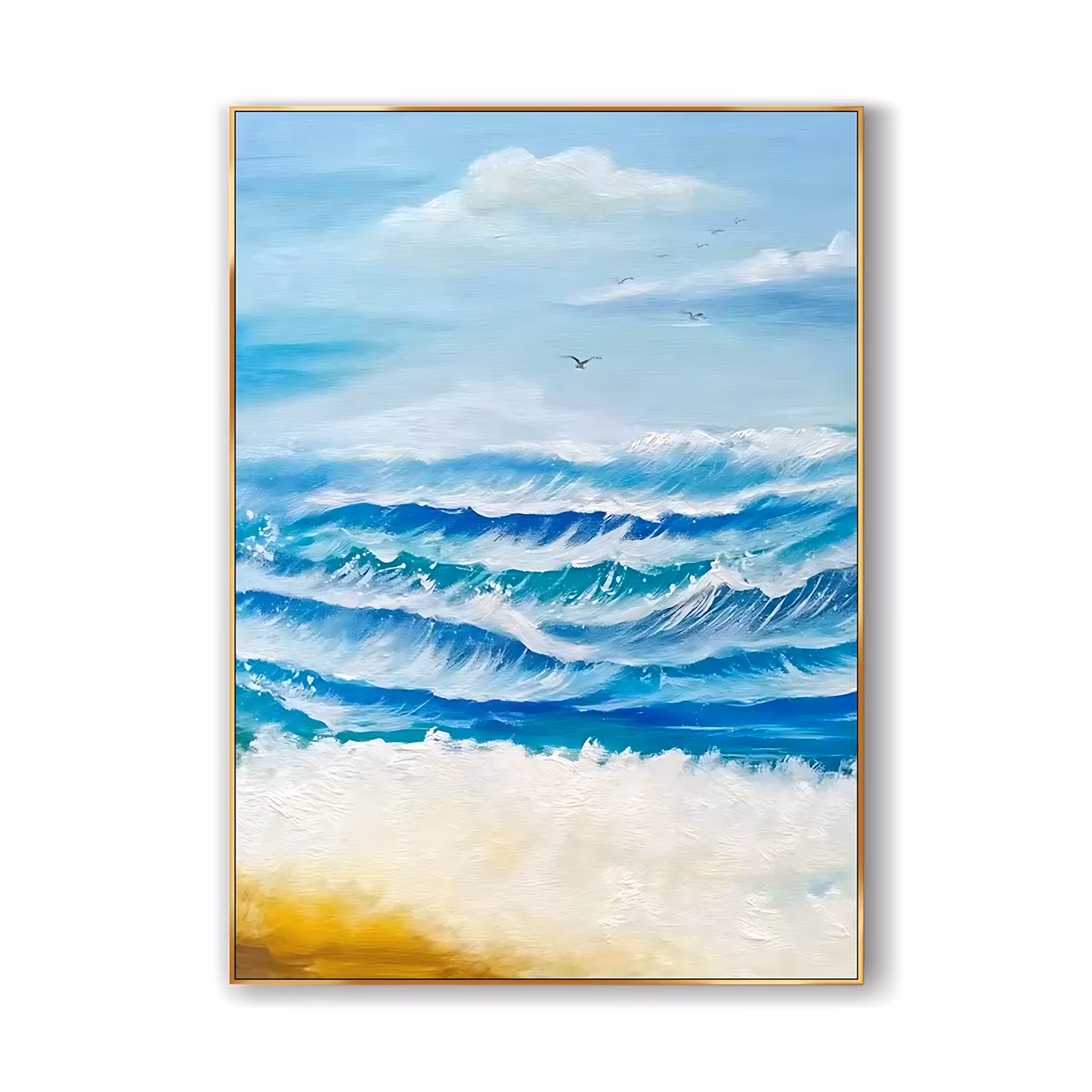 a large vertical impressionist painting of turquoise and blue waves rolling in and breaking into white foam on a pale sand beach, with a few small seagulls in a soft blue sky above, in thick paint