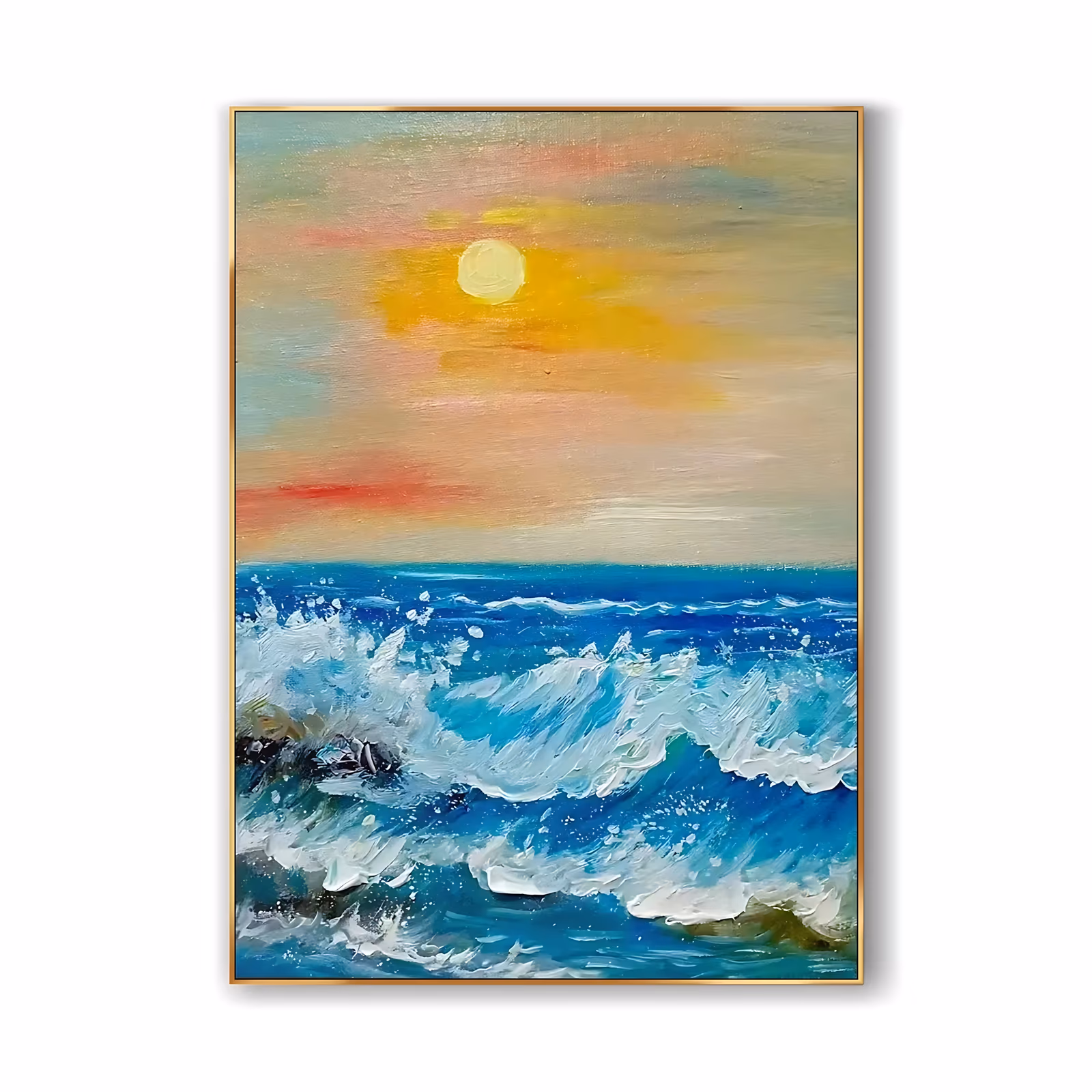 a large vertical impressionist painting of a blue ocean wave breaking into white foam in the lower half, under a peach and yellow sky with a small round sun, in heavy impasto acrylic