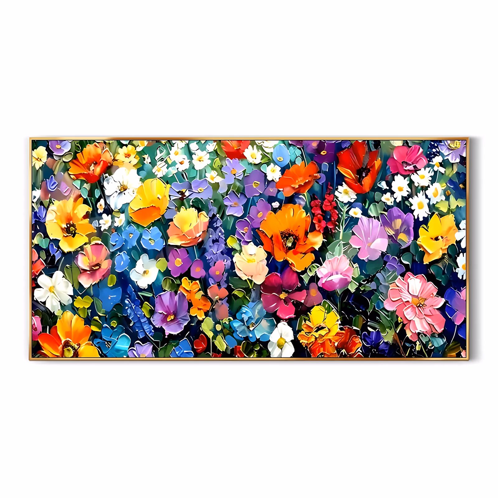 a wide panoramic floral painting of a dense field of wildflowers, poppies, daisies and pansies in orange, purple, yellow, pink and white over dark green foliage, worked in thick impasto petals