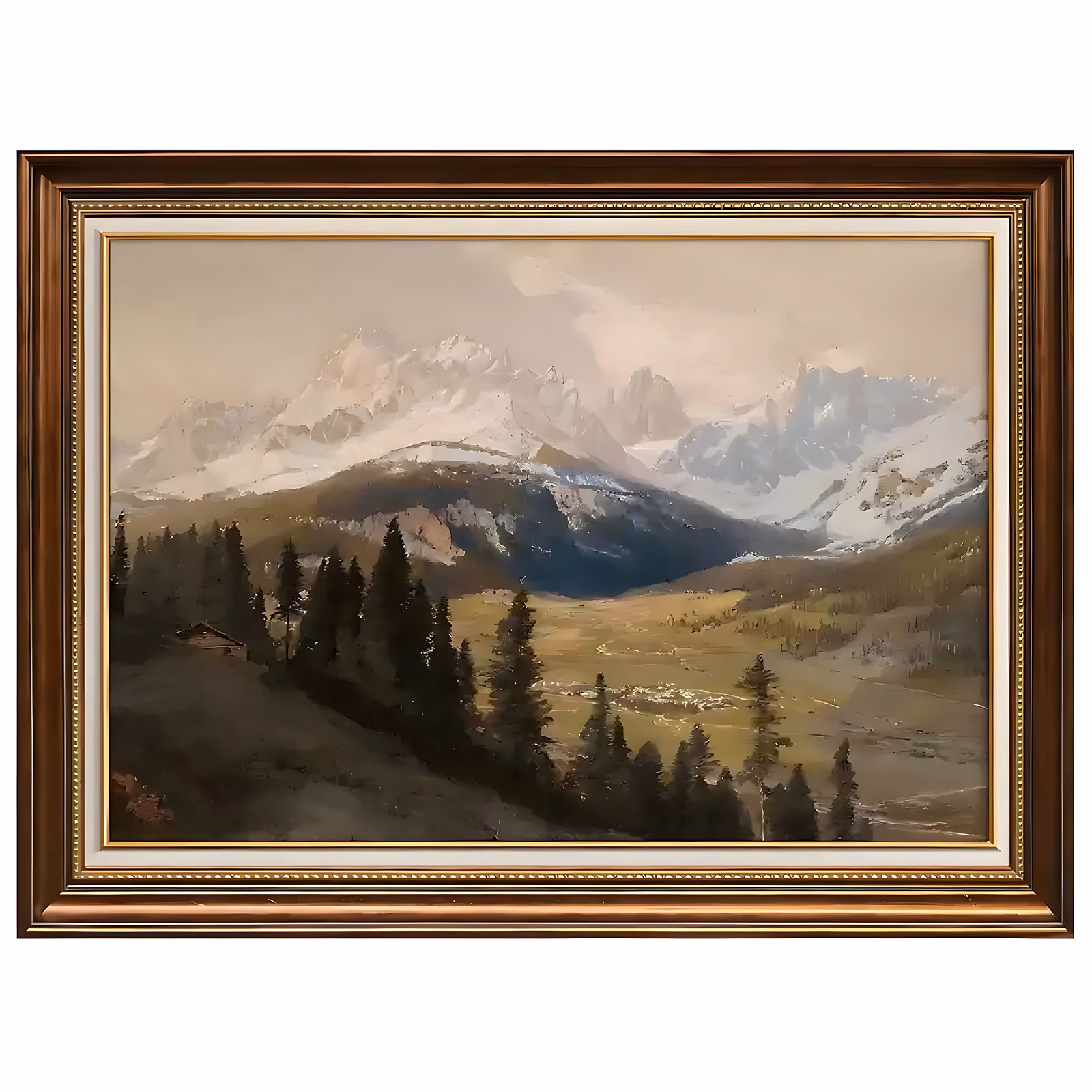 a large horizontal realist oil painting of snow-capped dolomite peaks above a green valley, with dark pine trees and a small chalet on the slope at left, in soft grey, white and olive tones