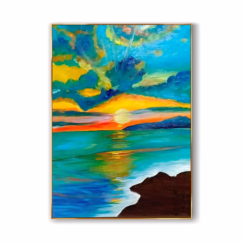 a large vertical impressionist seascape of a pale sun setting over turquoise water, with yellow and orange clouds above and a dark brown rocky headland at the lower right, in soft brushed acrylic