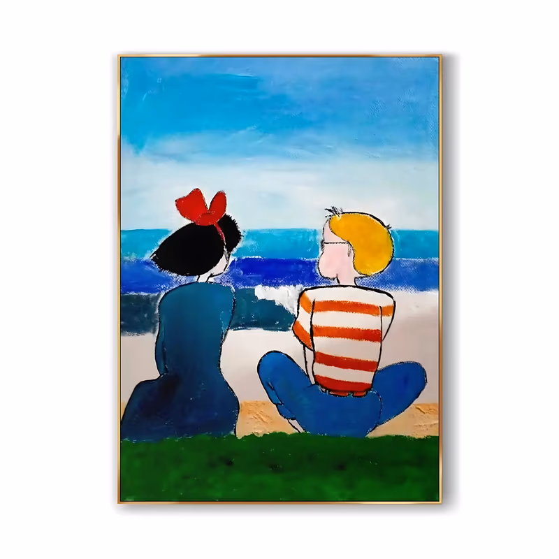 a large vertical cartoon painting of two children seen from behind sitting on green grass, a dark-haired girl in a red hair bow and a blond boy in a red striped shirt, looking out over a blue sea
