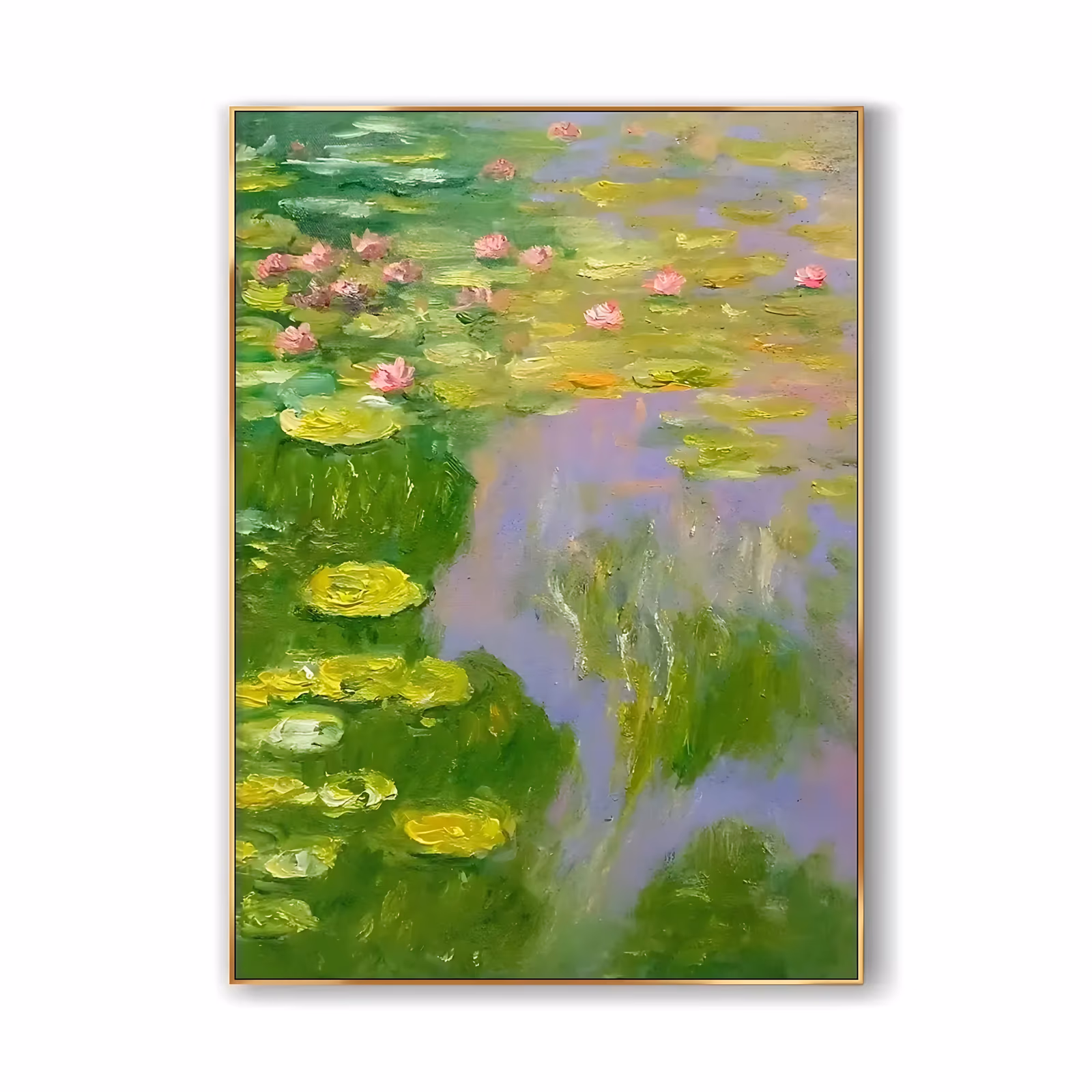 a large vertical impressionist painting of a lily pond seen from above, yellow-green pads crowding the left with small pink blooms scattered over lilac water reflections, in thick dabbed oil
