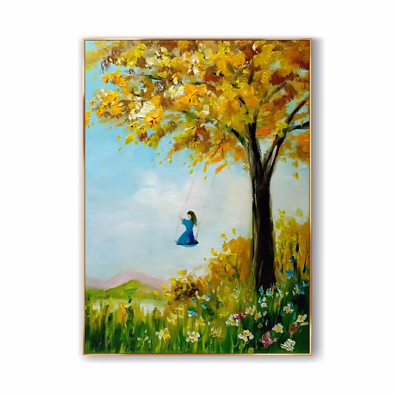 a large vertical impressionist painting of a girl in a blue dress on a rope swing hanging from a golden autumn tree, pale blue sky behind and a green meadow of white and pink flowers below, in thick impasto