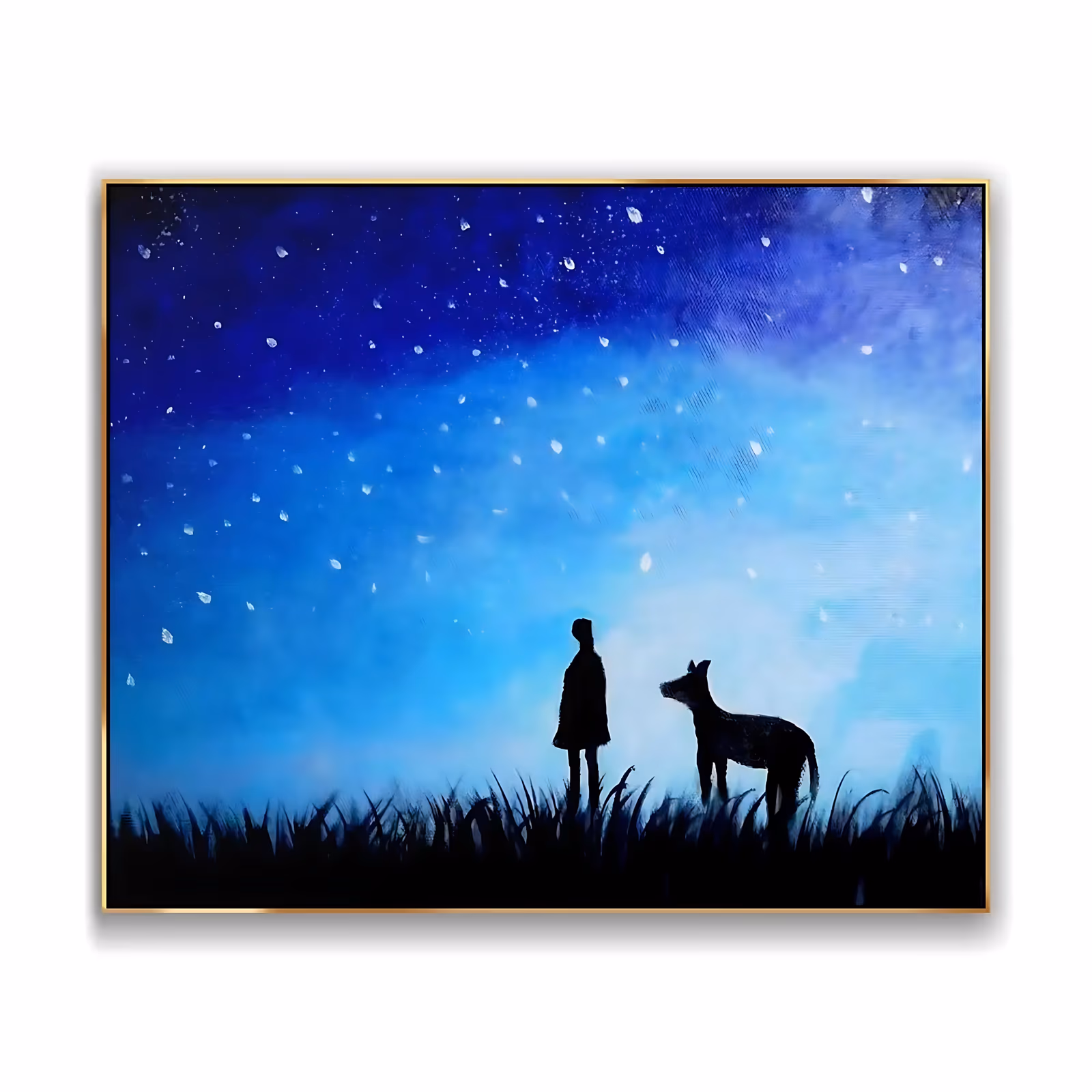 a horizontal painting of a small girl and a standing dog silhouetted in black grass at the lower right, beneath a deep blue and navy night sky flecked with white stars, in softly blended acrylic