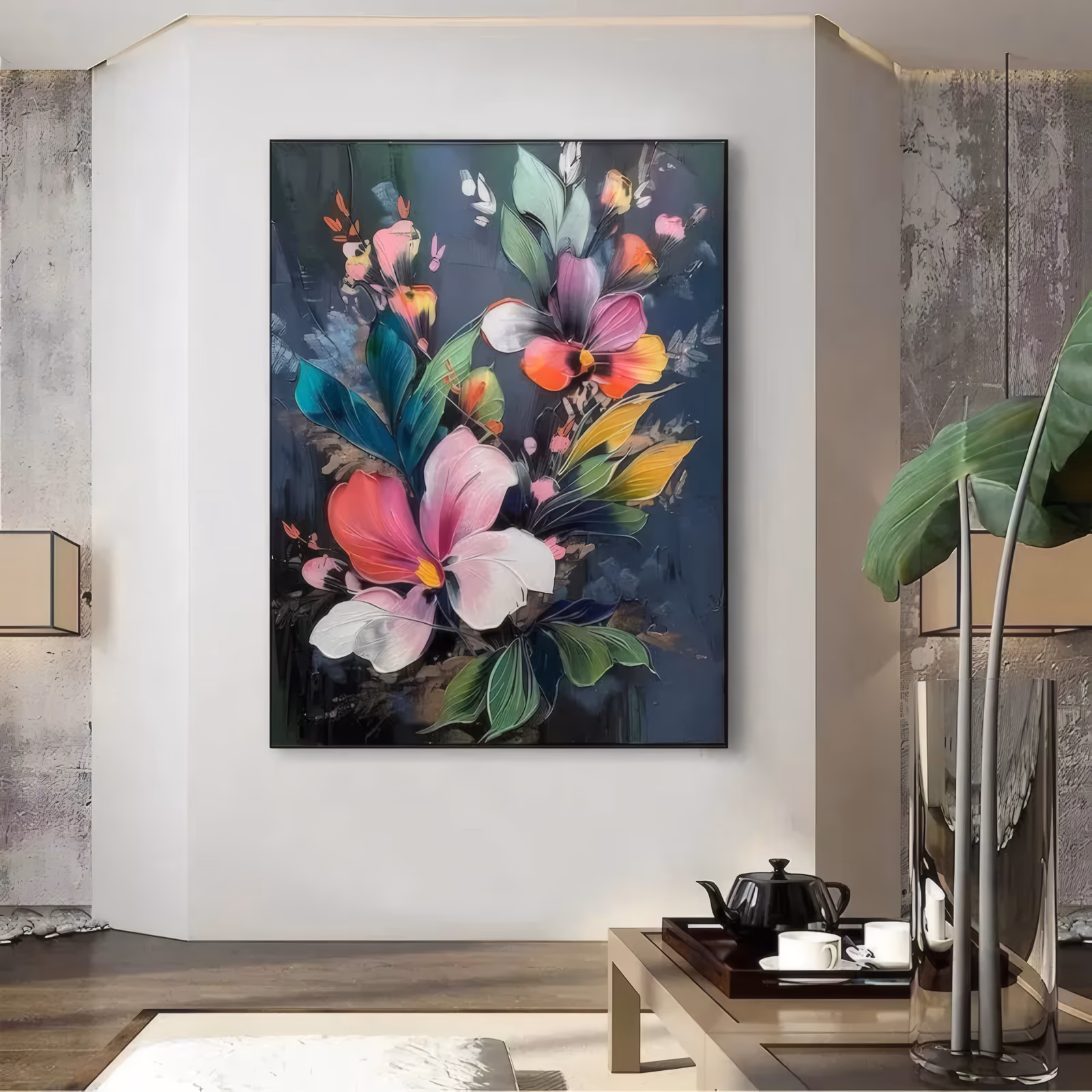 a large vertical floral painting of pink and white hibiscus blooms with a coral red flower above them, green teal and yellow leaves fanning out, all on a near black navy ground, in thick knife-worked paint