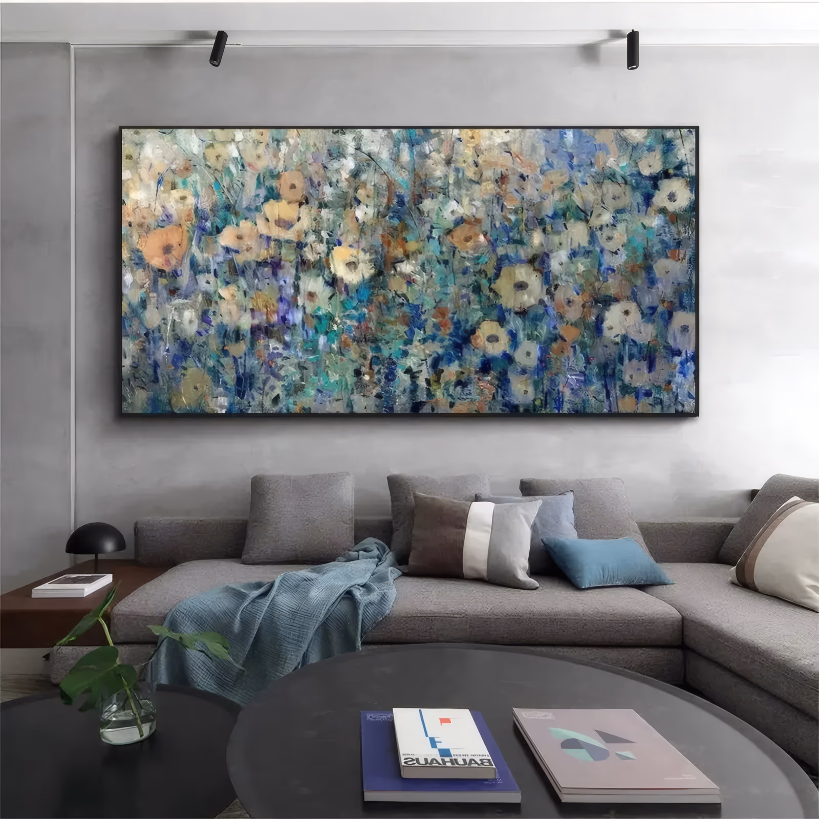 a wide panoramic painting of a dense meadow of cream and peach poppies among sage, teal and navy foliage, the blooms scattered evenly to the frame edges, in dry brushed and knife-worked paint