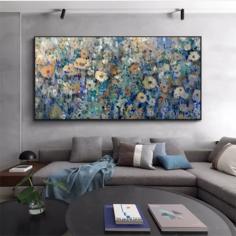 a wide panoramic painting of a dense meadow of cream and peach poppies among sage, teal and navy foliage, the blooms scattered evenly to the frame edges, in dry brushed and knife-worked paint