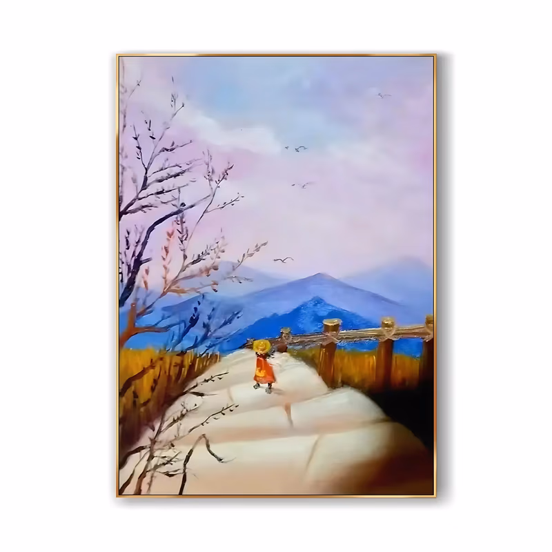 a large vertical impressionist painting of a small girl in a red coat and yellow hat walking a pale snowy path, a wooden fence and gold grasses at right, blue mountains and a pink sky beyond, in soft oil