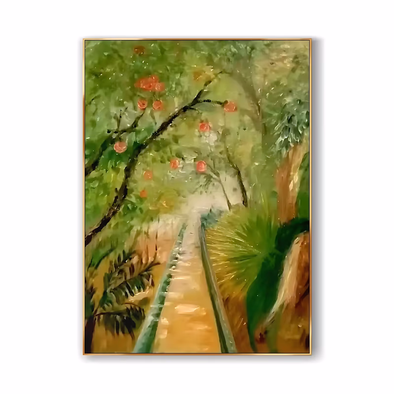 a large vertical impressionist painting of a golden stone garden path running into green foliage, an arching branch of coral pink roses overhead and ferns and palm fronds at the sides, in thick oil paint