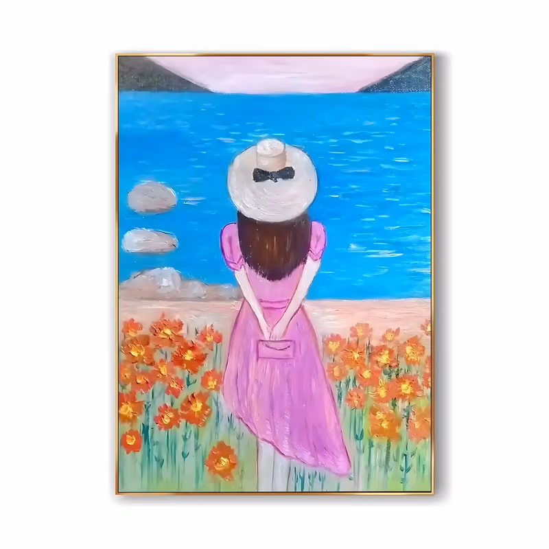 a large vertical painting of a girl in a pink dress and white straw hat seen from behind, facing a bright blue bay with pale headlands beyond, standing among orange poppies in thick hand-painted oil
