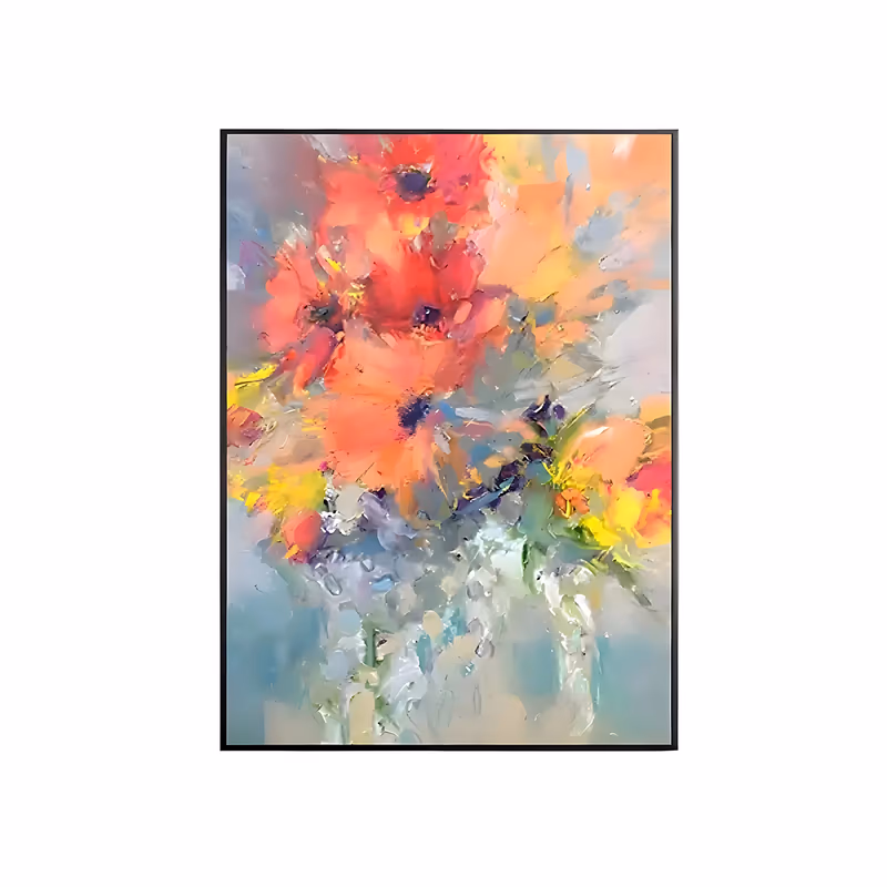 a large vertical impressionist painting of coral red and orange poppies opening at the top of the frame above a pale gray-blue and yellow blur of stems, worked in soft blended impasto