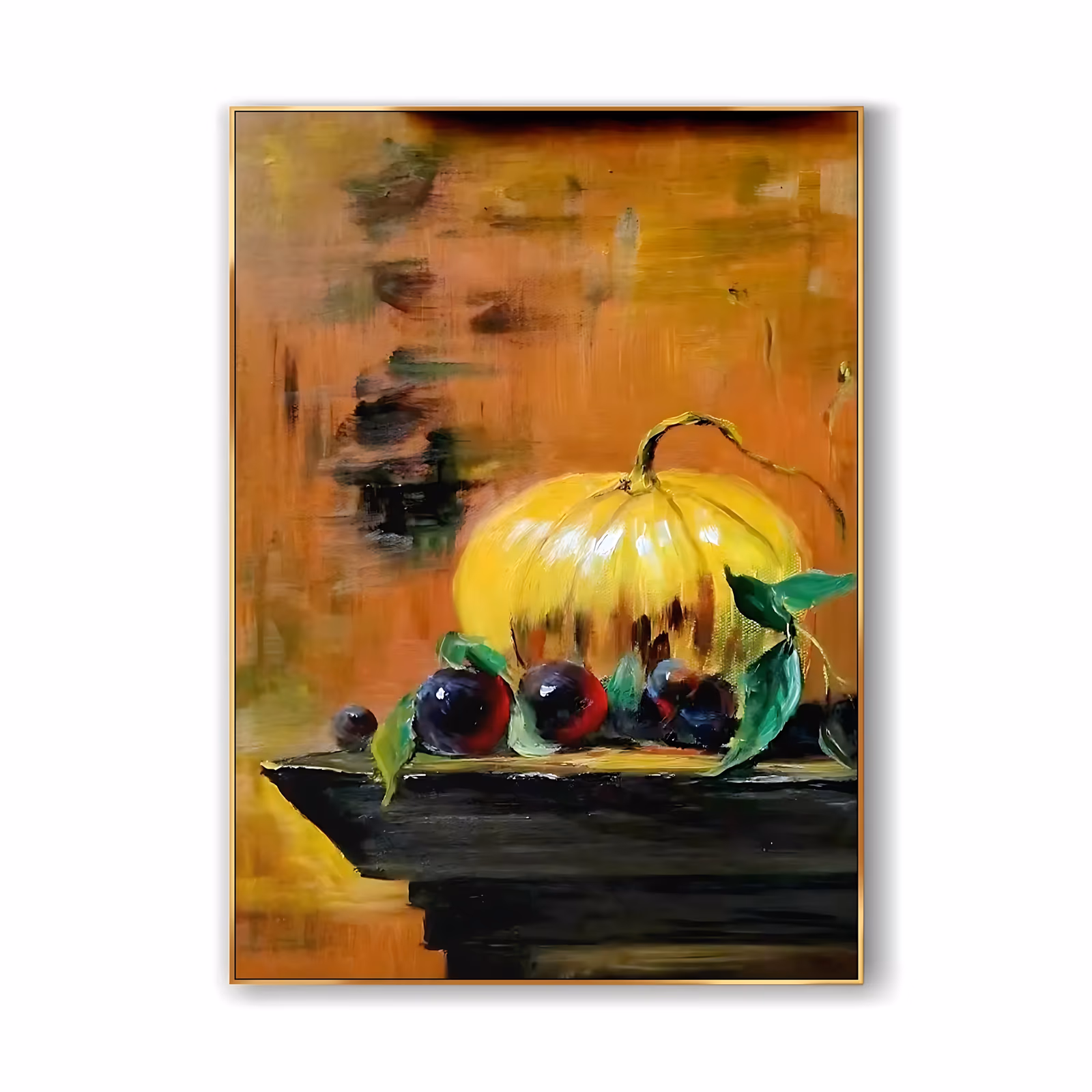 a large vertical impressionist still life canvas of a ribbed yellow pumpkin on a dark table, deep purple plums and green leaves scattered in front of it against a warm ochre and orange ground, in soft oil