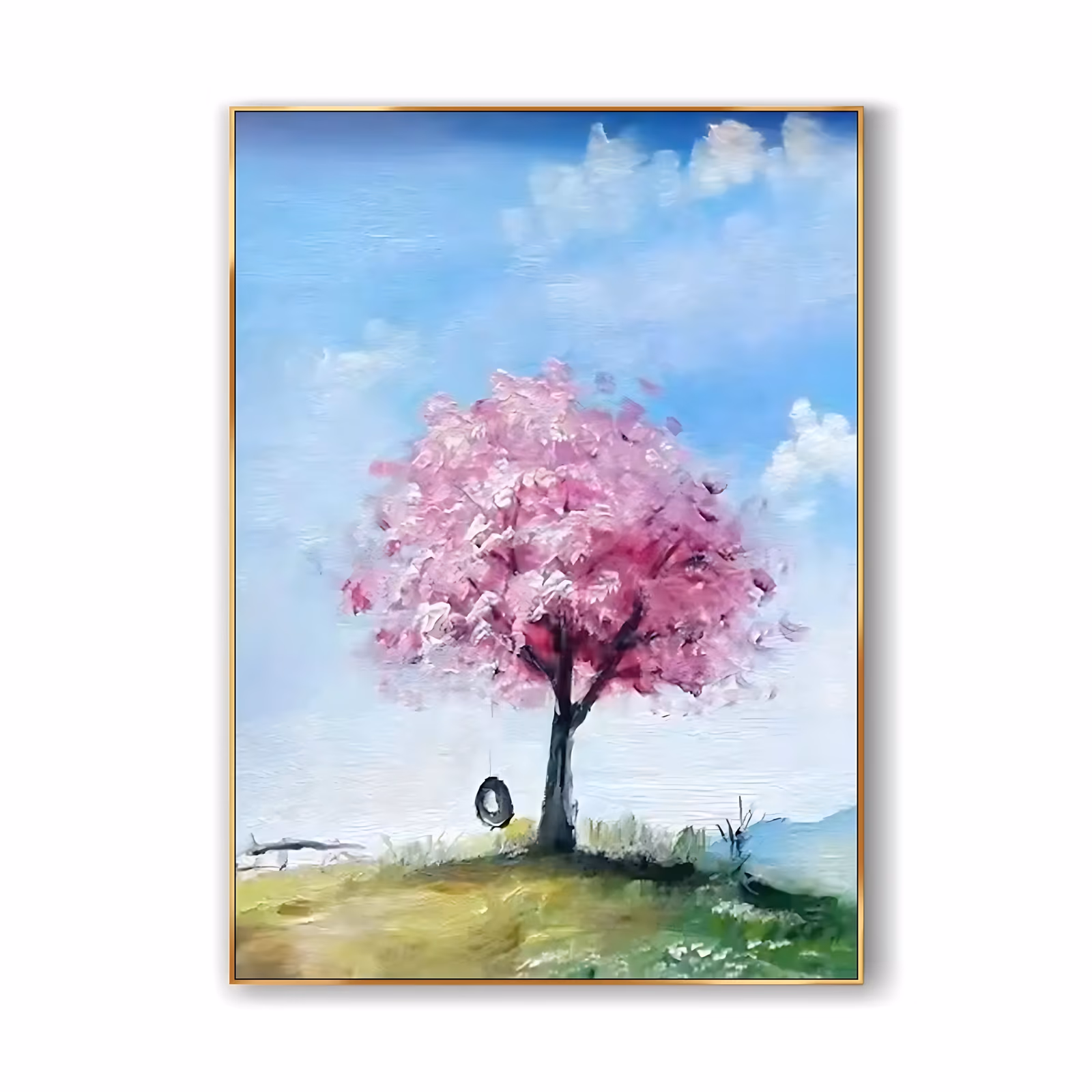 a large vertical impressionist painting of a single pink blossom tree on a green hill with a black tire swing hanging from a low branch, under a bright blue sky with white clouds, in soft blended oil